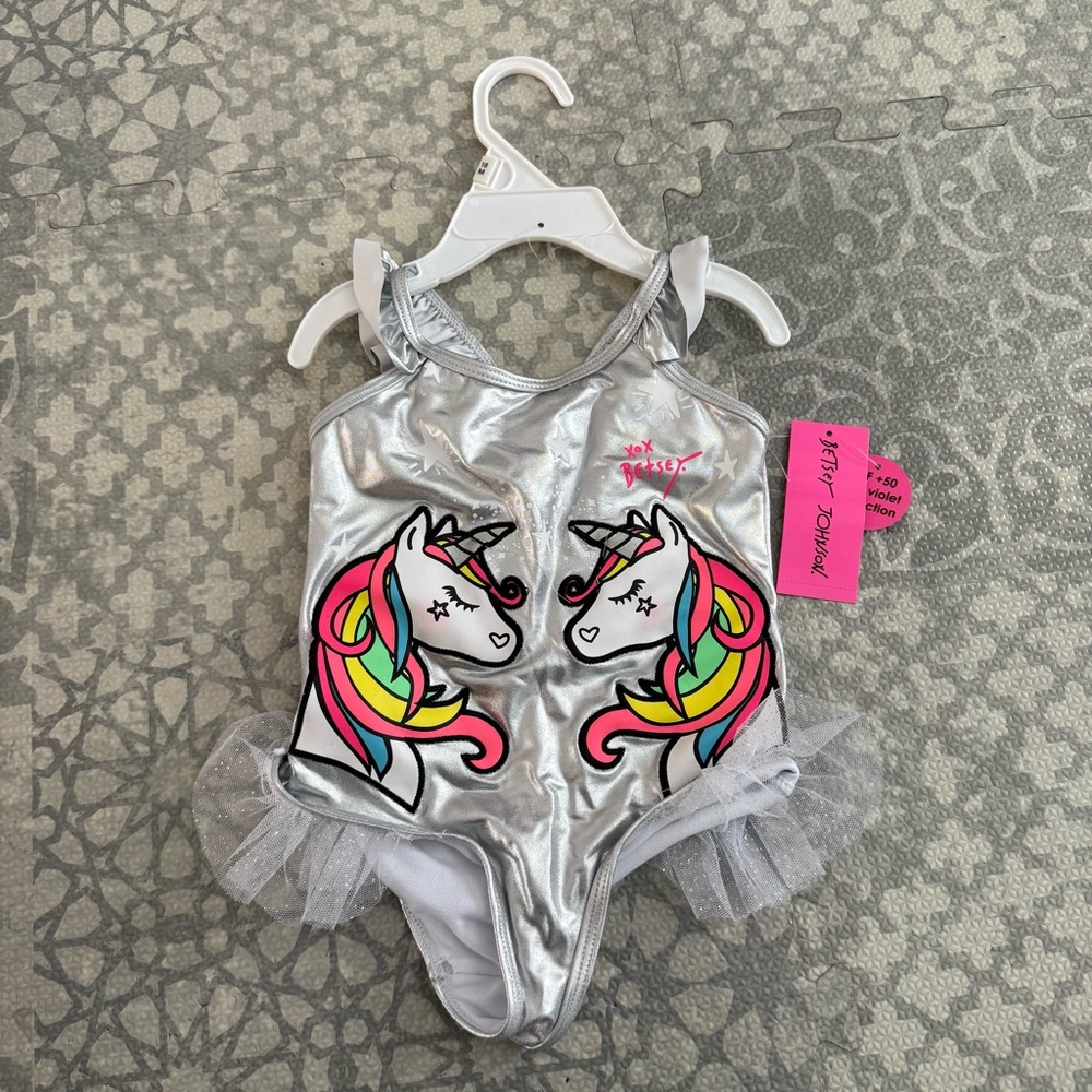 NWT Betsey Johnson - 18M baby girls bathing suit Silver Unicorn Kids One Piece